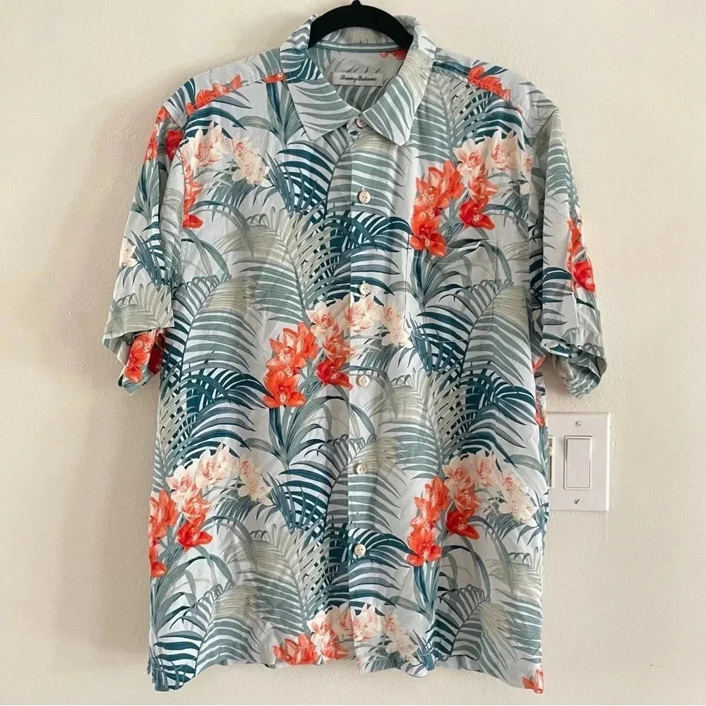 Tommy Bahama 100% Silk Short Sleeve Bright Multicolor Tropical Button Up Mens Lg
